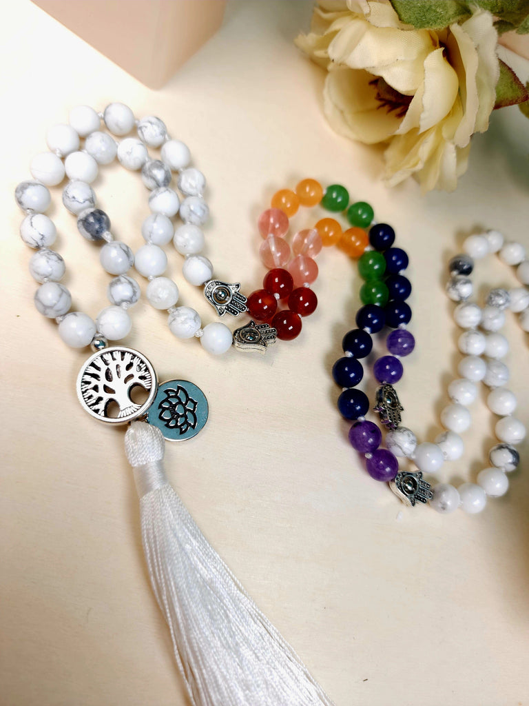 Crystals, Stones, & Gems 7 Chakra Howlite Pride Prayer Mala Natural Gemstones for Meditation