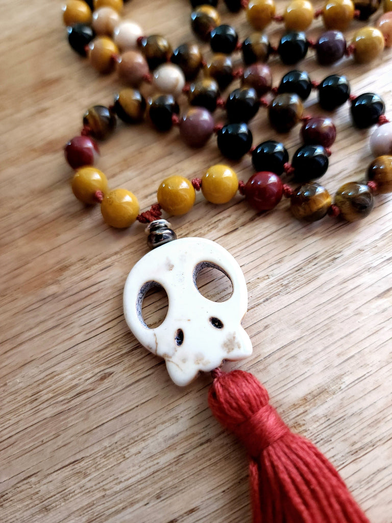 Crystals, Stones, & Gems Abundance & Resource Management Skull Prayer Mala | Mookaite | Black Onyx |Tigers Eye