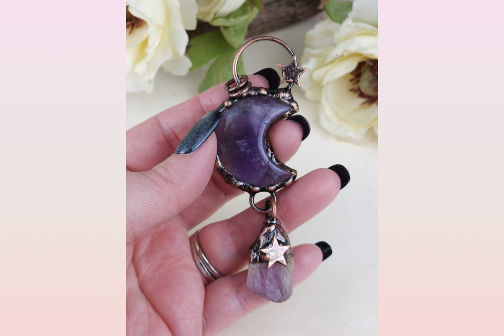 Jewelry Amethyst Heart Crystal Copper Moon and Star Pendant Half Moon Necklace Electroformed Pendant Copper Amethyst Heart Necklace Jewel Tones