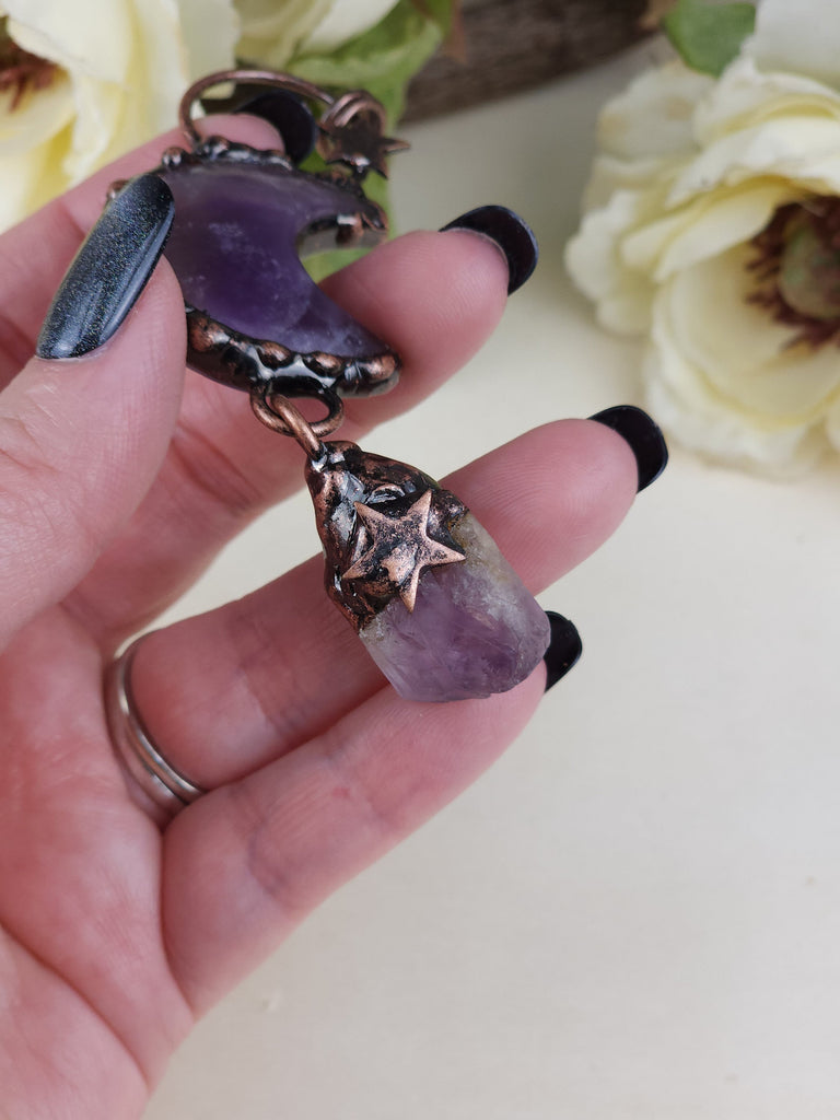 Amethyst Heart Crystal Copper Moon and Star Pendant Half Moon Necklace Electroformed Pendant Copper Amethyst Heart Necklace Jewel Tones