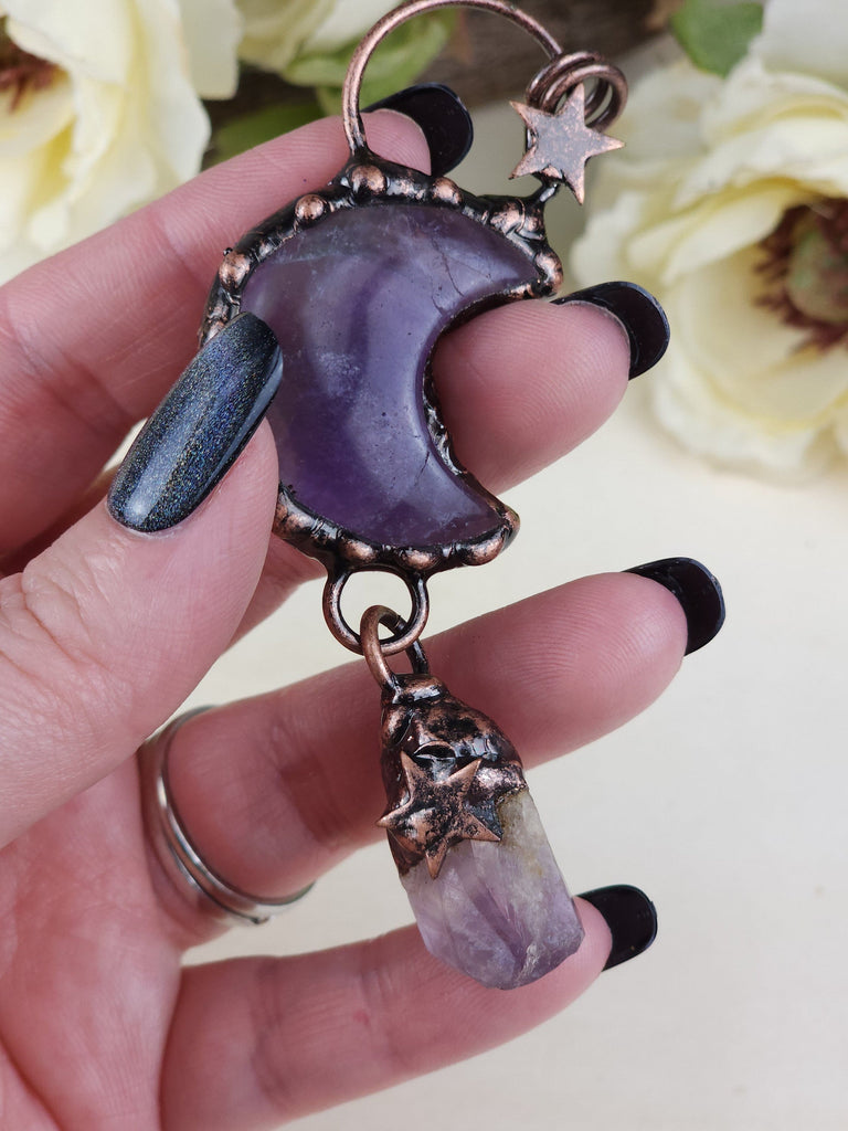 Amethyst Heart Crystal Copper Moon and Star Pendant Half Moon Necklace Electroformed Pendant Copper Amethyst Heart Necklace Jewel Tones