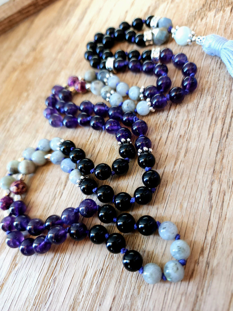 Mala Aquarius Zodiac Sign Mala Beads Obsidian, Labradorite, Amethyst, Amazonite, Imperial Jasper Natural Gemstone 8mm bead Mala  Prayer Beads Necklace