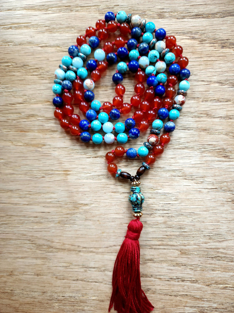 Mala Aries Zodiac Sign Mala Beads Carnelian, Lapis, Turquoise, Sky Blue Jasper Natural Gemstone 8mm bead Mala / Prayer Beads / Necklace