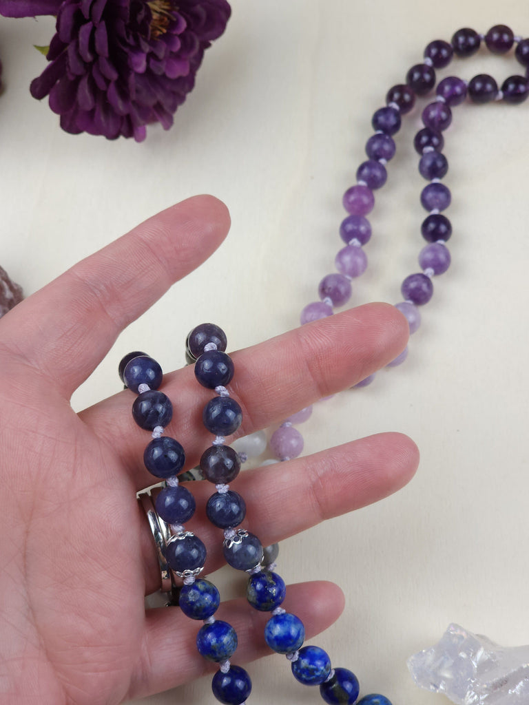 Astral Travel Crystal Beaded Knotted Prayer Mala Divine Feminine 8mm Natural Gemstones Goddess Energy Ombre