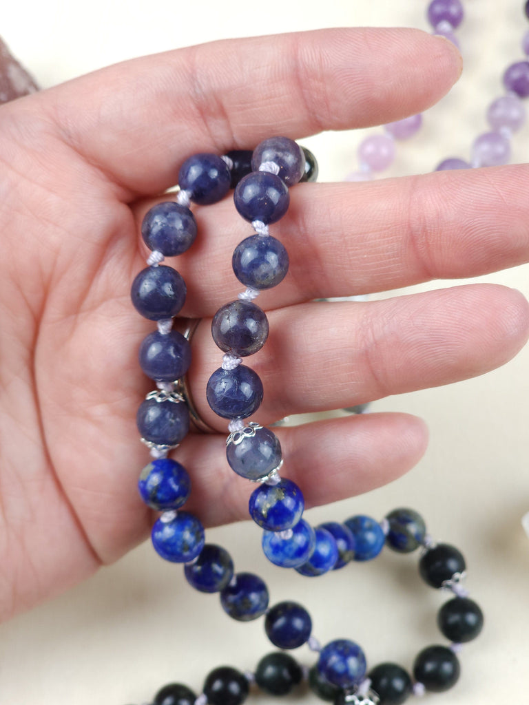 Astral Travel Crystal Beaded Knotted Prayer Mala Divine Feminine 8mm Natural Gemstones Goddess Energy Ombre