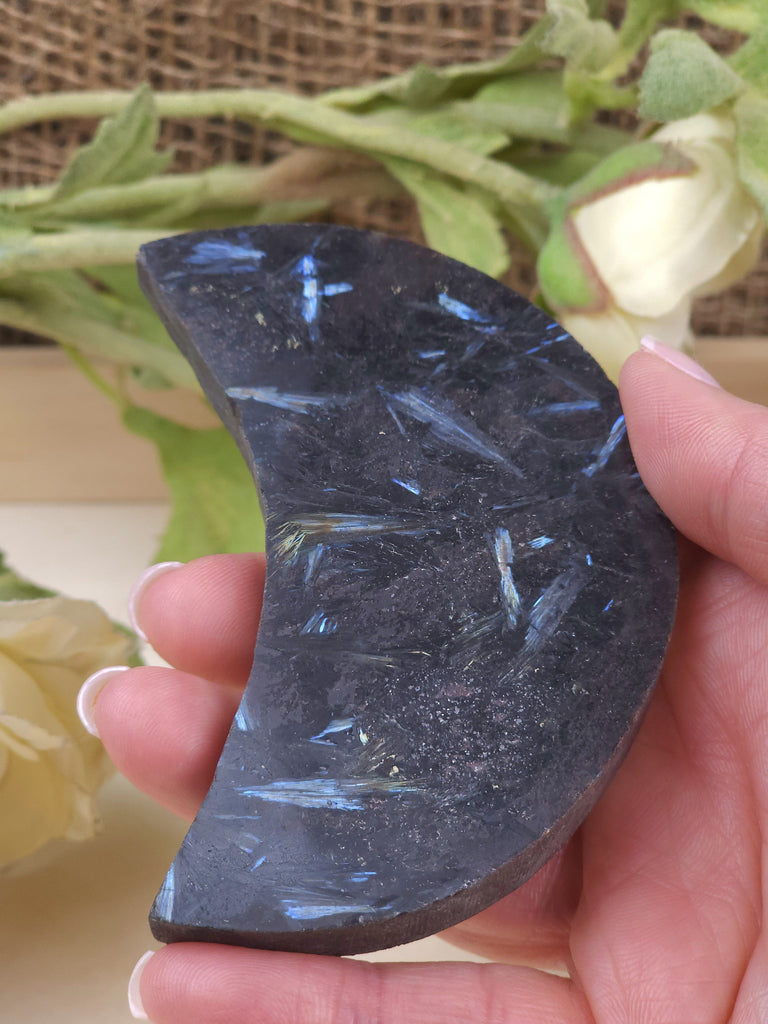 Crystals, Stones, & Gems Astrophyllite With Garnet Crescent Moon