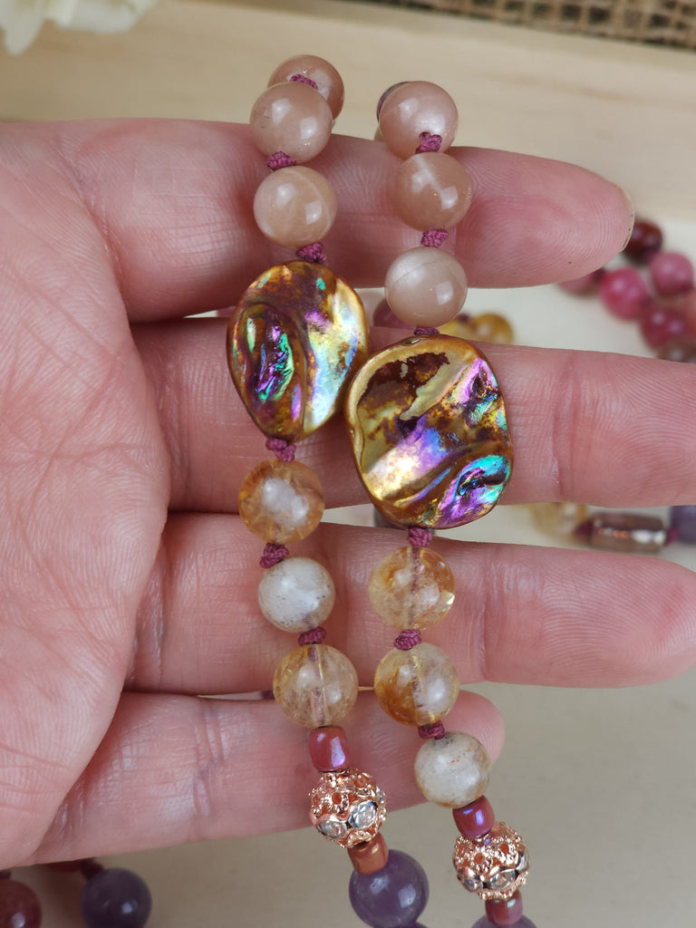 Crystals, Stones, & Gems Athena's Aura Healing Crystal Beaded Knotted Prayer Mala | Divine Feminine Natural Gemstones | Rose Gold Watermelon Tourmaline Sunstone Selenite Rose