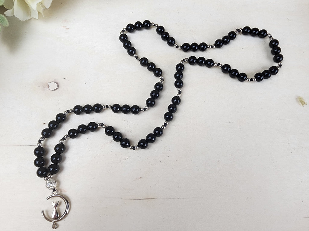 Crystals, Stones, & Gems Black Cat Sterling Silver Black Onyx Beaded Necklace