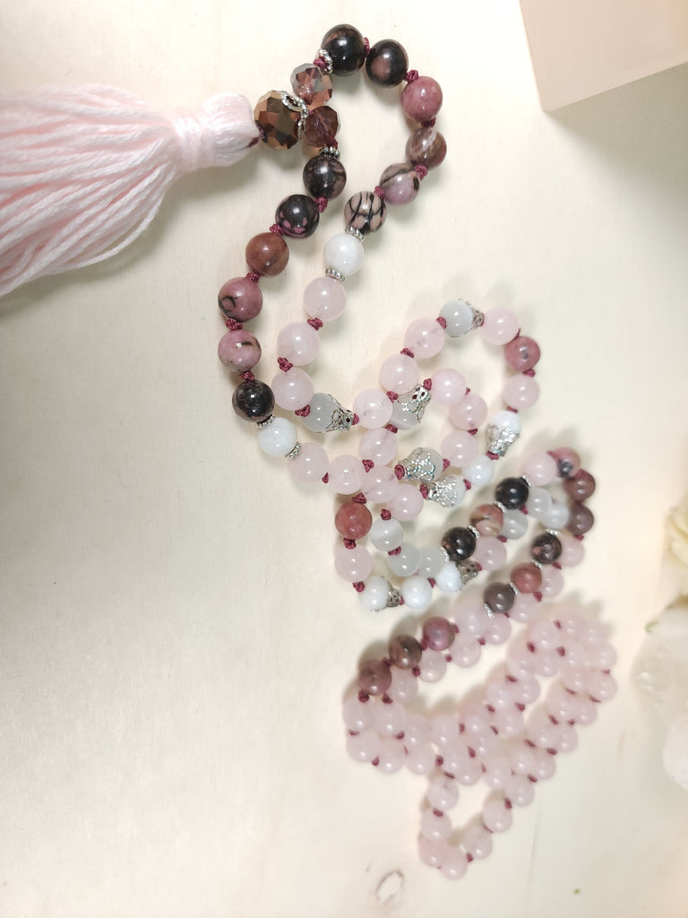 Mala Cancer Zodiac Sign Mala Beads Rose Quartz, Rhodonite, and Moonstone Natural Gemstone 8mm bead Mala / Prayer Beads / Necklace