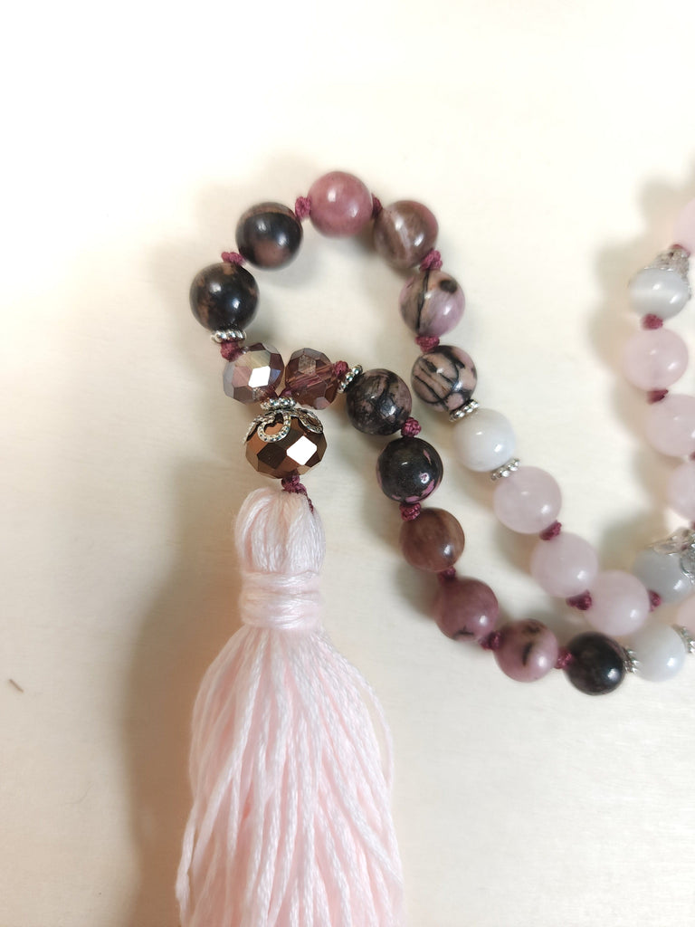 Mala Cancer Zodiac Sign Mala Beads Rose Quartz, Rhodonite, and Moonstone Natural Gemstone 8mm bead Mala / Prayer Beads / Necklace
