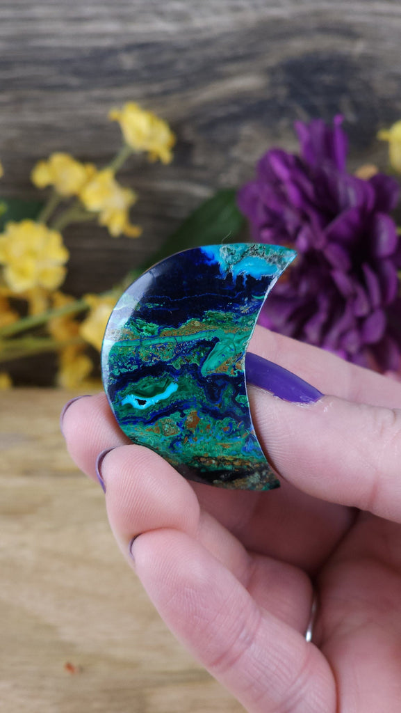 Celestial & Beautiful Vibrant Blue Green Azurite Crystal Polished Crescent Moon Cabochon