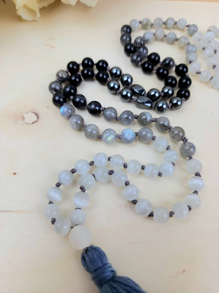 Crystals, Stones, & Gems Eclipse Full Moon Prayer Mala | Third Eye Meditation | Divine Feminine Meditation Natural Gemstones Selenite, Hematite, Labradorite, Obsidian