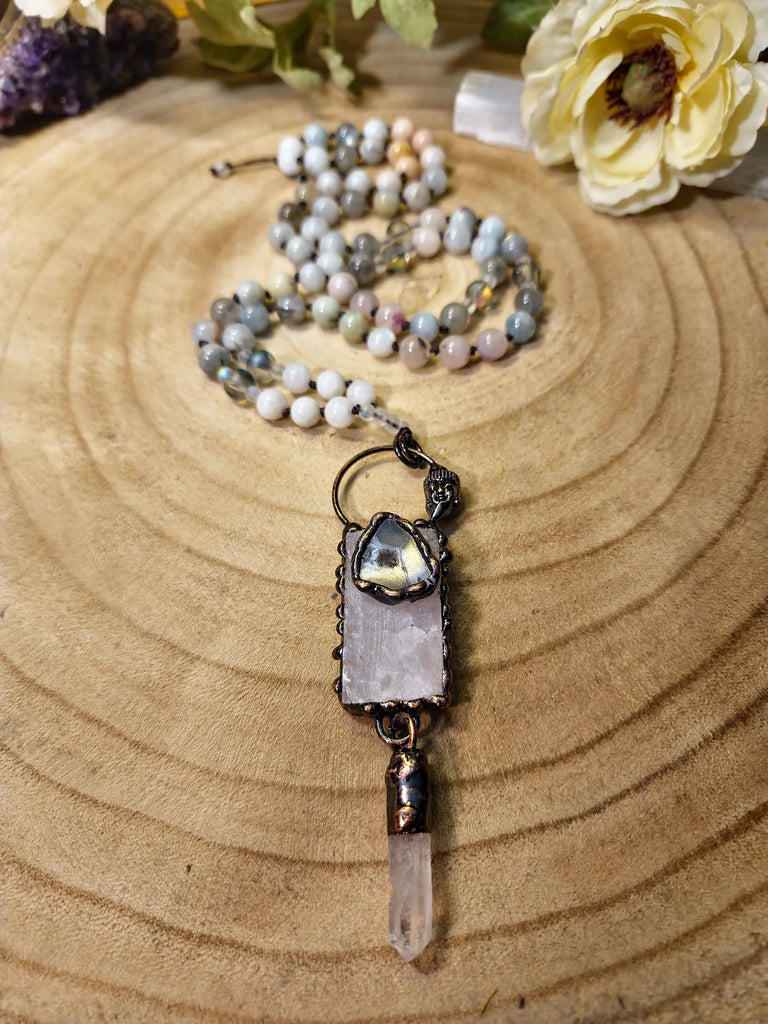 Crystals, Stones, & Gems Eros and Psyche Healing Crystal Beaded Knotted Necklace | Natural Gemstones | Electroform Copper Jewelry Morganite Moonstone Labradorite