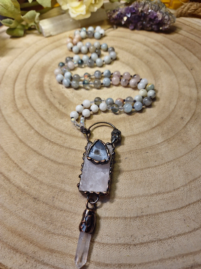 Crystals, Stones, & Gems Eros and Psyche Healing Crystal Beaded Knotted Necklace | Natural Gemstones | Electroform Copper Jewelry Morganite Moonstone Labradorite