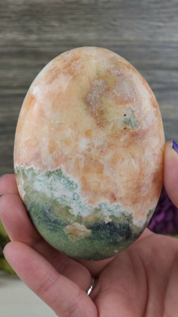 Crystals, Stones, & Gems Fabulous Extra Large Green Heulandite and Peach Stilbite Crystal Palm Stone