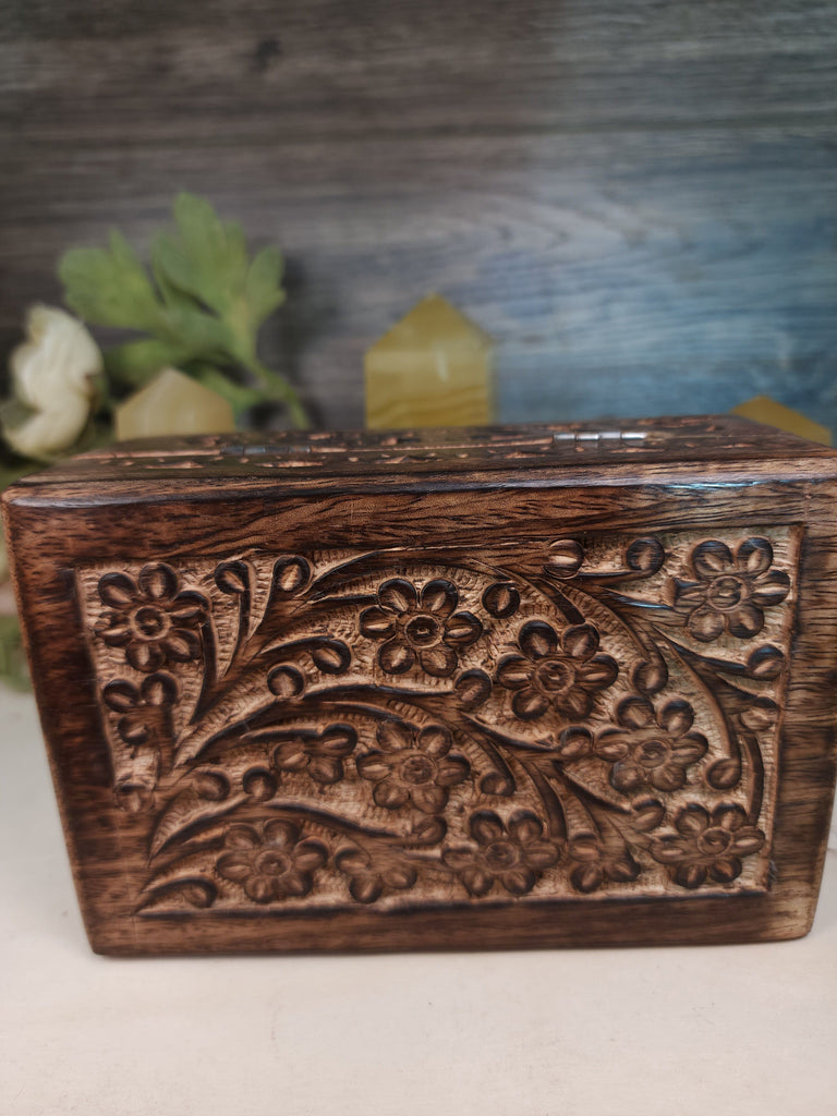 Wooden Box Floral Carved Wooden Box | Tarot Card Storage | Crystals Storage