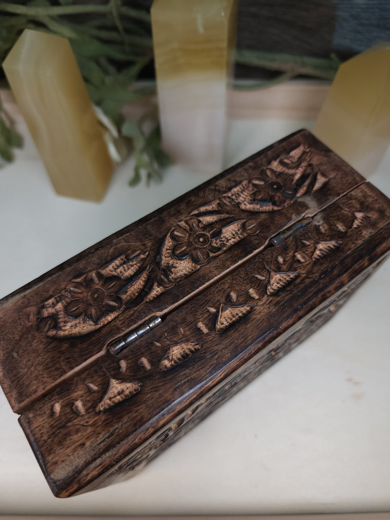 Wooden Box Floral Carved Wooden Box | Tarot Card Storage | Crystals Storage