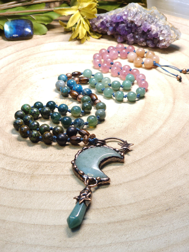 Enchanted Forest Healing Crystal Beaded Knotted Necklace | Natural Gemstones | Electroform Copper Jewelry African Turquoise Moss Agate Green Aventurine Blue Apatite Strawberry Quartz Sunstone (Heliolite)