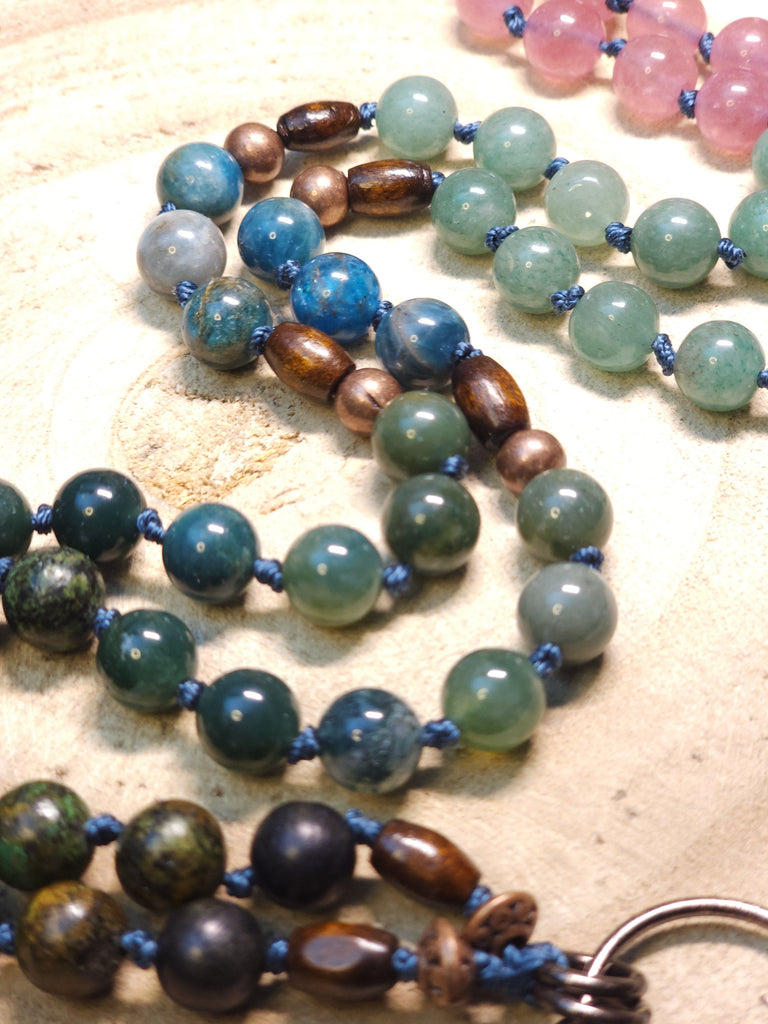 Enchanted Forest Healing Crystal Beaded Knotted Necklace | Natural Gemstones | Electroform Copper Jewelry African Turquoise Moss Agate Green Aventurine Blue Apatite Strawberry Quartz Sunstone (Heliolite)