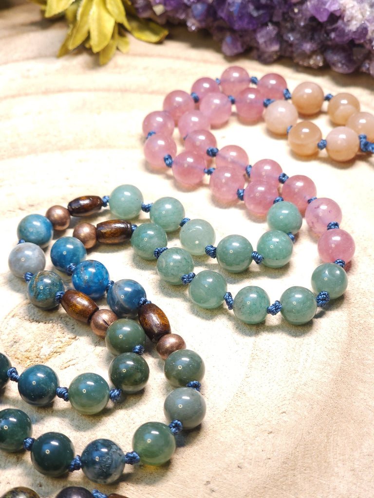 Enchanted Forest Healing Crystal Beaded Knotted Necklace | Natural Gemstones | Electroform Copper Jewelry African Turquoise Moss Agate Green Aventurine Blue Apatite Strawberry Quartz Sunstone (Heliolite)