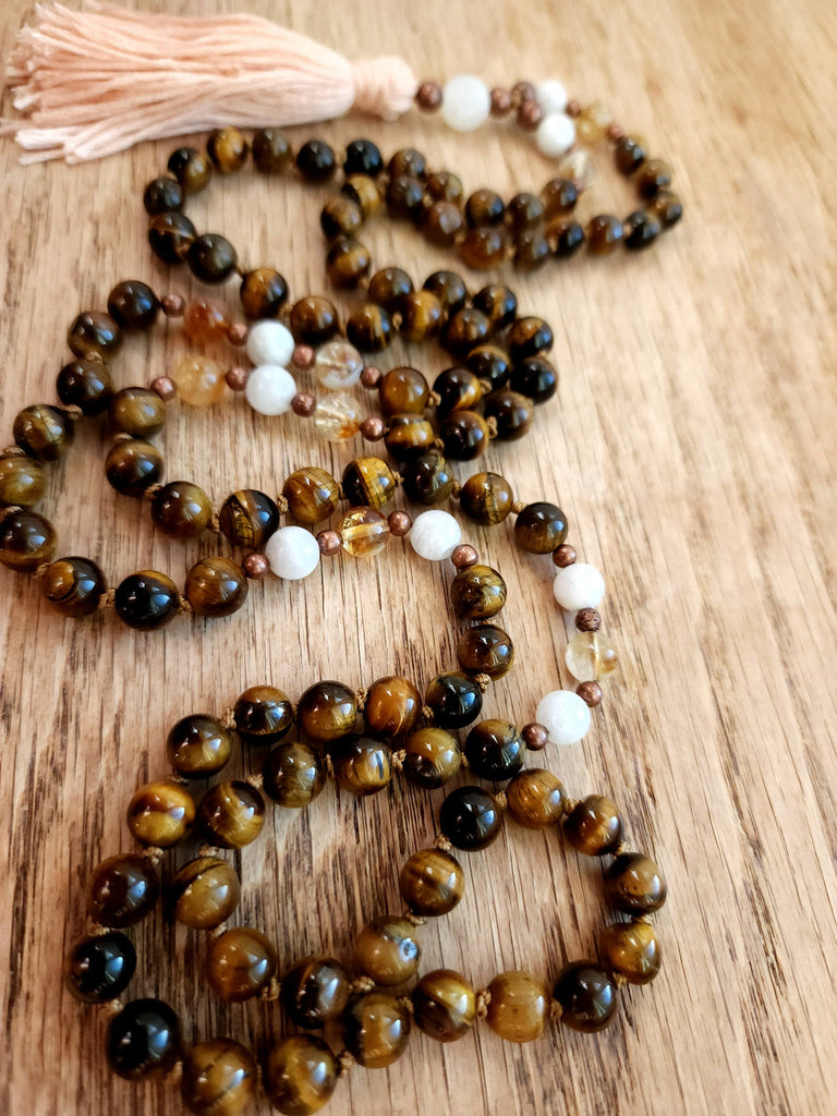 Mala Gemini Zodiac Sign Mala Beads Tiger Eye, Citrine, Moonstone Natural Gemstone 8mm bead Mala / Prayer Beads / Necklace