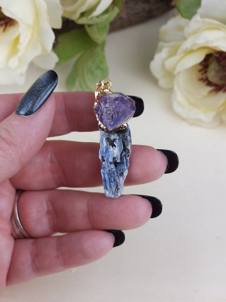 Gorgeous Blue Kyanite and Raw Amethyst Pendant
