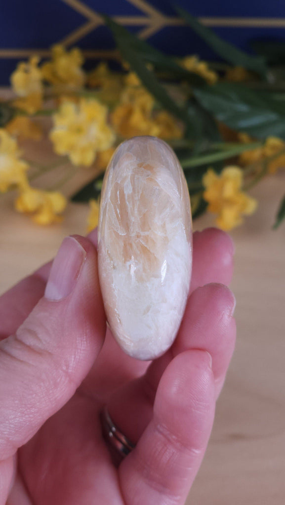 Gorgeous Polished Scolecite and Pink Peach Stilbite Crystal Palmstone