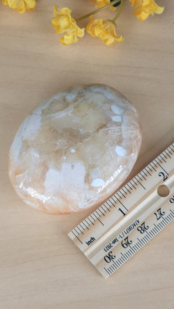 Gorgeous Polished Scolecite and Pink Peach Stilbite Crystal Palmstone