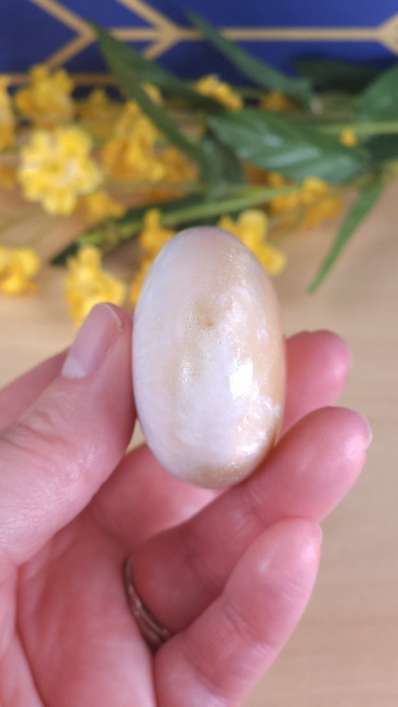 Gorgeous Polished Scolecite and Pink Peach Stilbite Crystal Palmstone