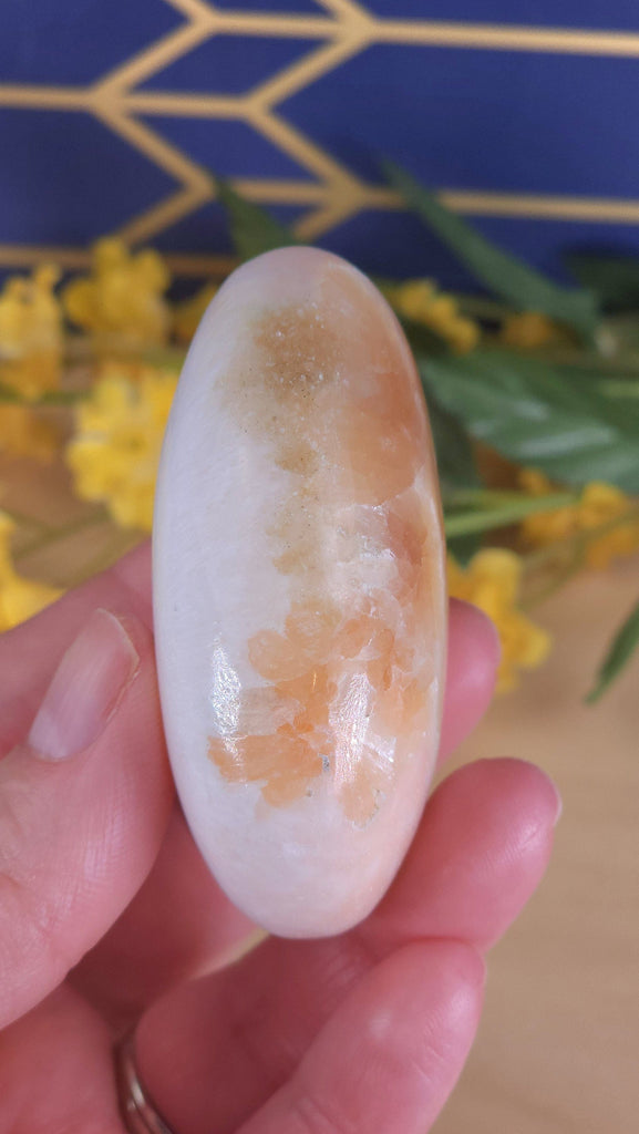 Gorgeous Polished Scolecite and Pink Peach Stilbite Crystal Palmstone