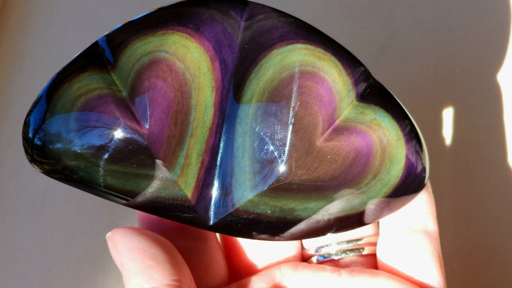Gorgeous Rainbow Obsidian High Polish Shifty Green Blue Purple Sheen Double Heart