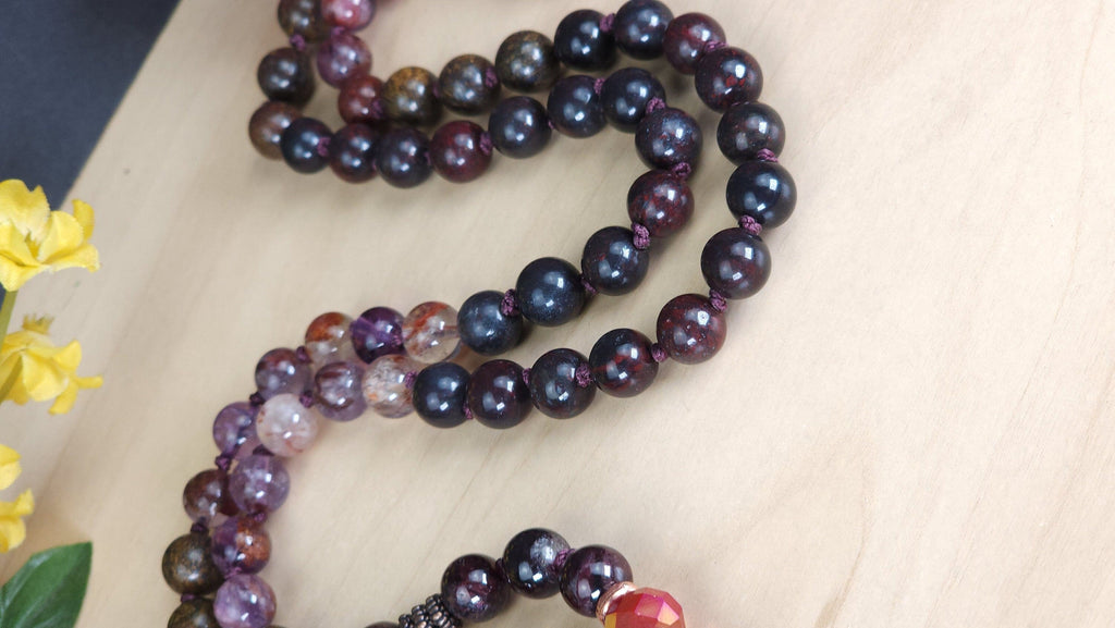 Grounding Crystals Healing Beads with Garnet Bronzite Amethyst Purple Phantom Quartz Brecciated Jasper | Natural Gemstone Prayer Mala