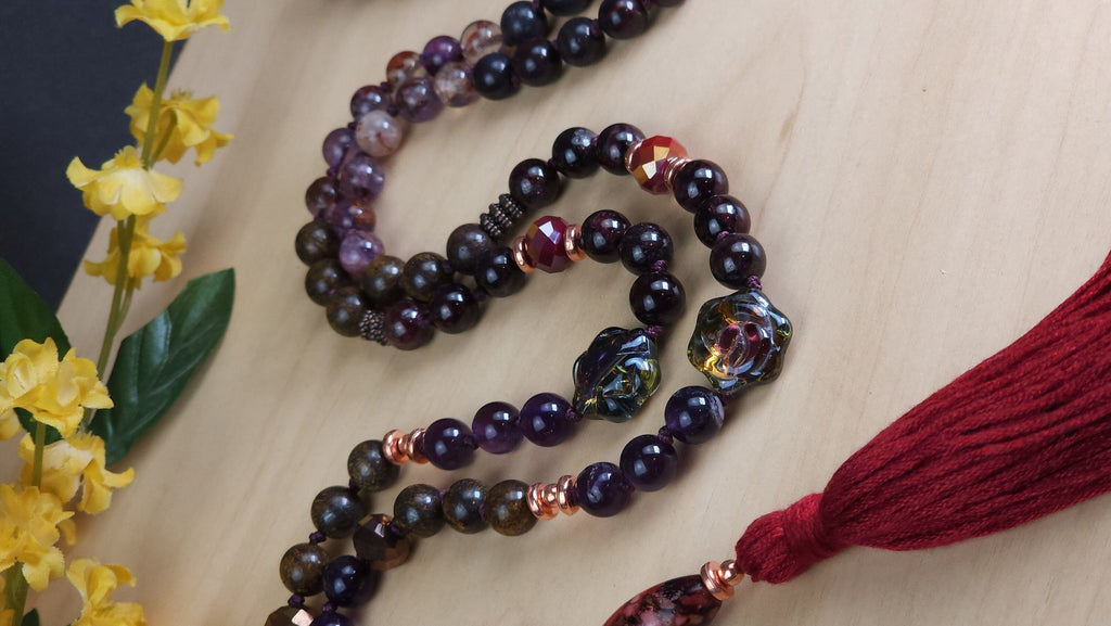Grounding Crystals Healing Beads with Garnet Bronzite Amethyst Purple Phantom Quartz Brecciated Jasper | Natural Gemstone Prayer Mala