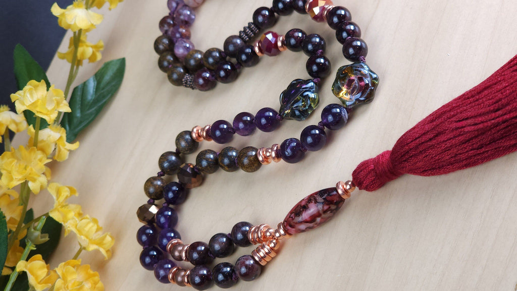 Grounding Crystals Healing Beads with Garnet Bronzite Amethyst Purple Phantom Quartz Brecciated Jasper | Natural Gemstone Prayer Mala