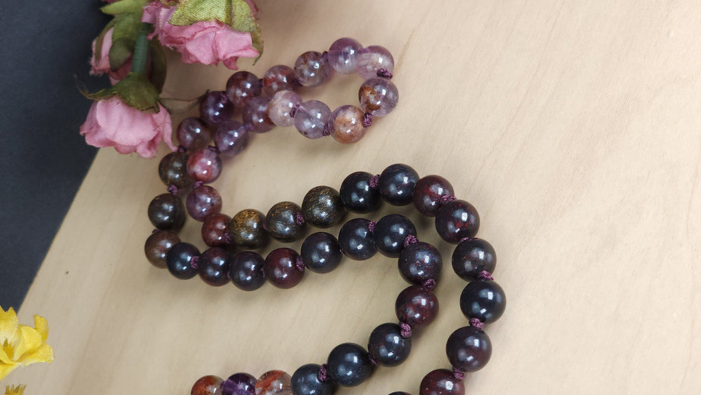 Grounding Crystals Healing Beads with Garnet Bronzite Amethyst Purple Phantom Quartz Brecciated Jasper | Natural Gemstone Prayer Mala