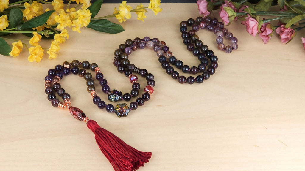 Grounding Crystals Healing Beads with Garnet Bronzite Amethyst Purple Phantom Quartz Brecciated Jasper | Natural Gemstone Prayer Mala