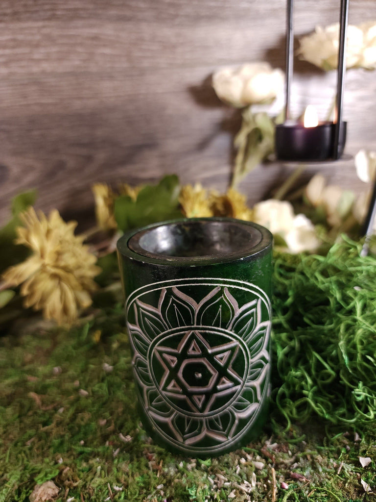 Heart Chakra Carved Soapstone Incense Oil Burner Diffuser Tealight Candle Wax Melt 7 Chakras Meditation Altar Ritual Green Chakra