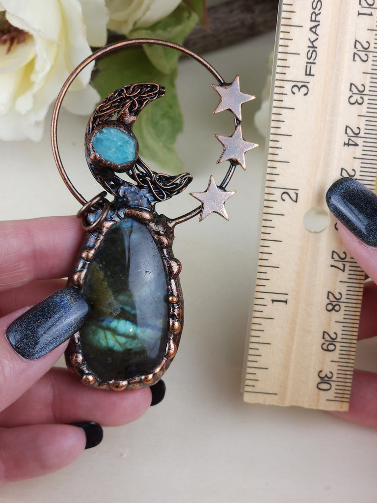 Jewelry Labradorite Crystal Electroformed Pendant Copper Celestial Moon Phase Necklace Fairy Pendant Witchy Pendant Renaissance Fairy Costume