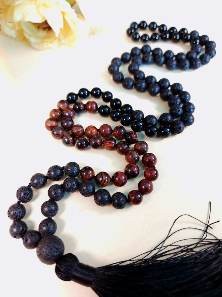 Mala Lava Stone Red Tiger Eye and Obsidian Prayer Mala Natural Gemstone Crystals for Anxiety and Calm