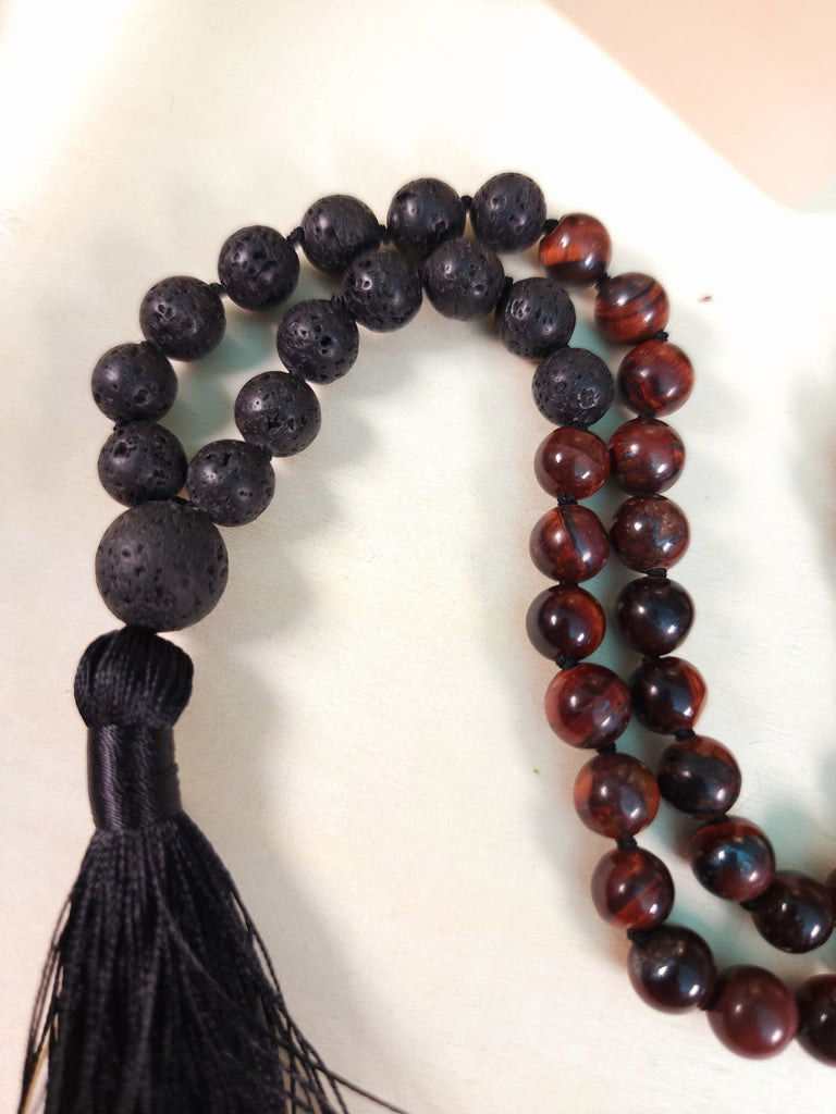Mala Lava Stone Red Tiger Eye and Obsidian Prayer Mala Natural Gemstone Crystals for Anxiety and Calm