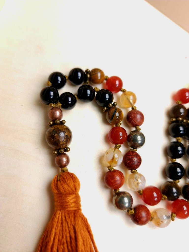 Mala Leo Zodiac Sign Mala Beads Black Onyx, Tiger Eye, Carnelian, Pyrite, Wood Natural Gemstone 8mm bead Mala Prayer Beads Necklace