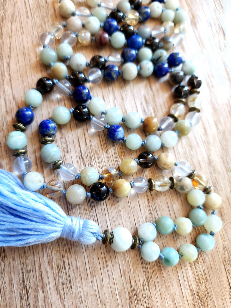 Mala Libra Zodiac Sign Mala Beads Amazonite, Citrine, Clear Quartz, Smoky Quartz, Lapis Lazuli Natural Gemstone 8mm bead Mala Prayer Beads Necklace