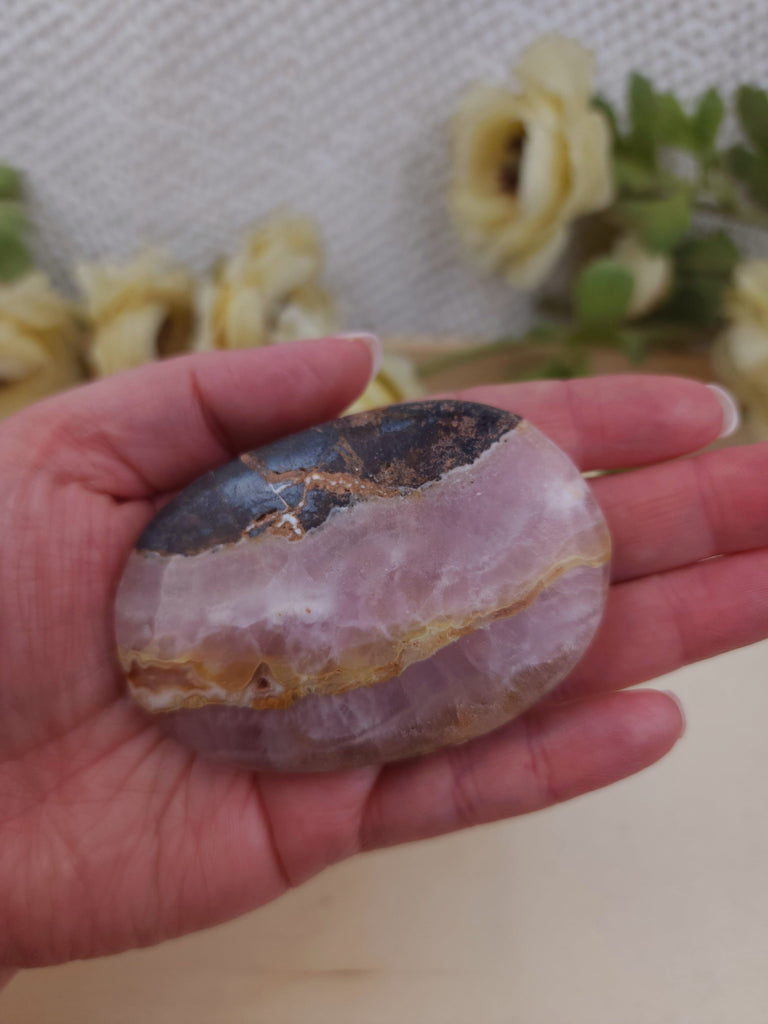 Crystals, Stones, & Gems Pink Aragonite Medium Banded Palm Stone | Pink Tchazar Crystal Pocket Stone - Rare!