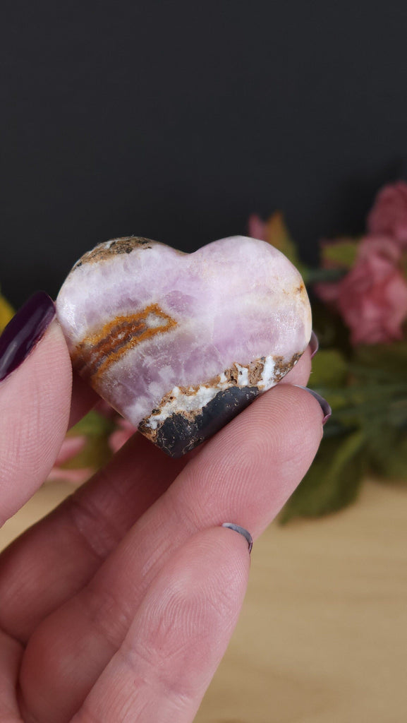 Crystals, Stones, & Gems Pink Aragonite Small Banded Heart Palm Stone | Pink Tchazar Crystal Pocket Stone - Rare!