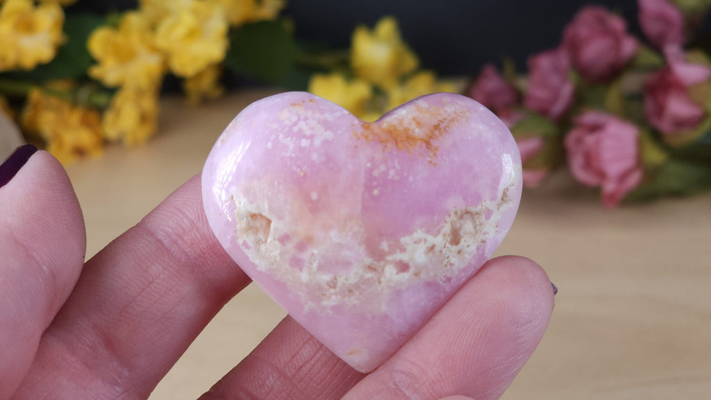 Crystals, Stones, & Gems Pink Aragonite Small Banded Heart Palm Stone | Pink Tchazar Crystal Pocket Stone - Rare!