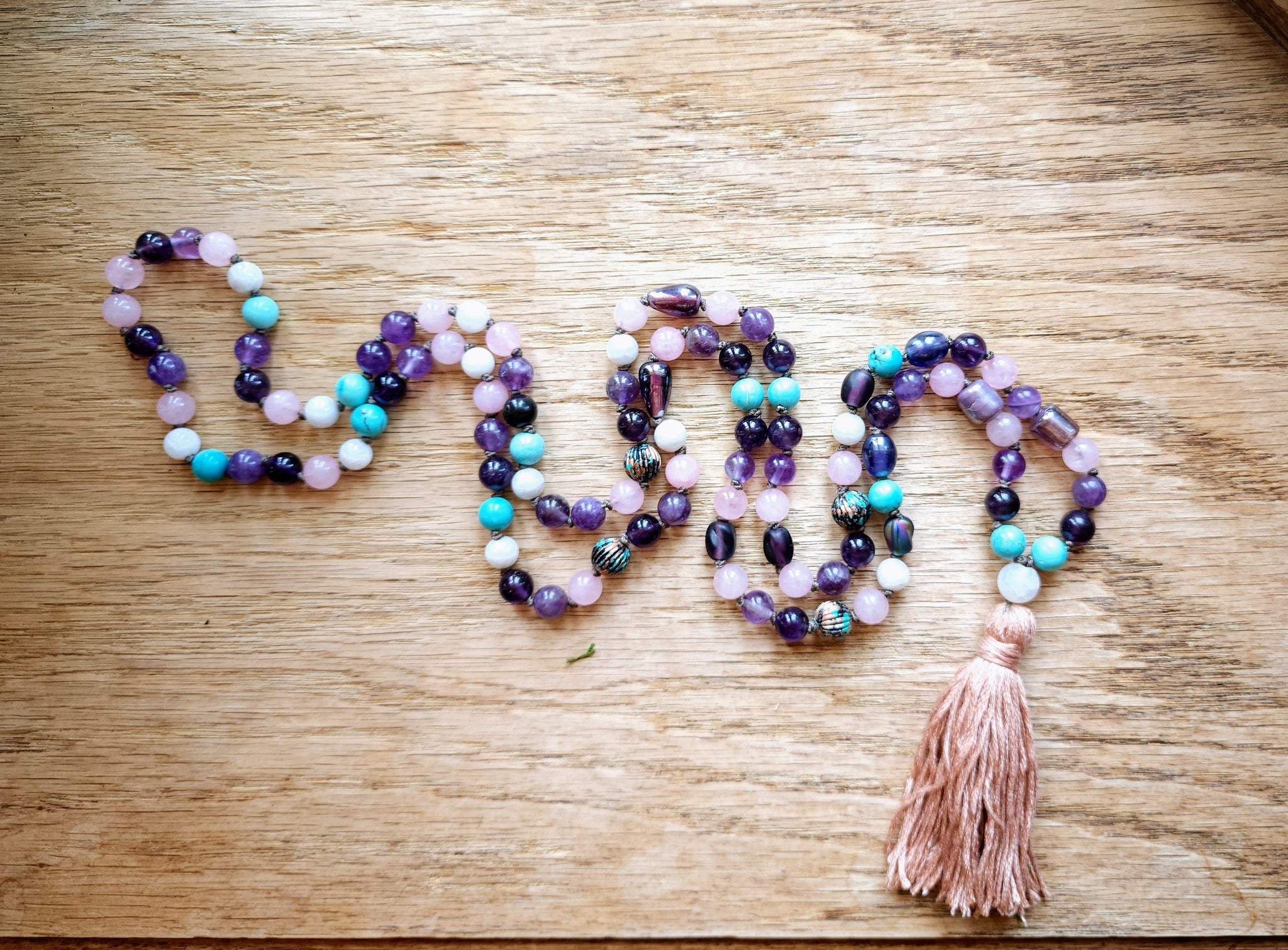 Mala Blue Coral rose pendant with Lapis Lazuli, rose quartz and charoite beads and double terminated deals amethyst guru bead