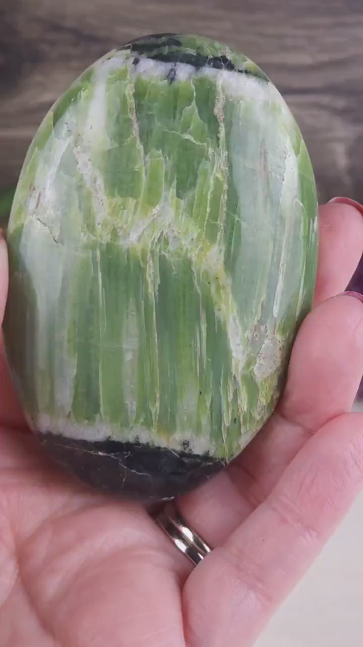 Gorgeous High Quality Green Tremolite Polished Crystal Palm Stone