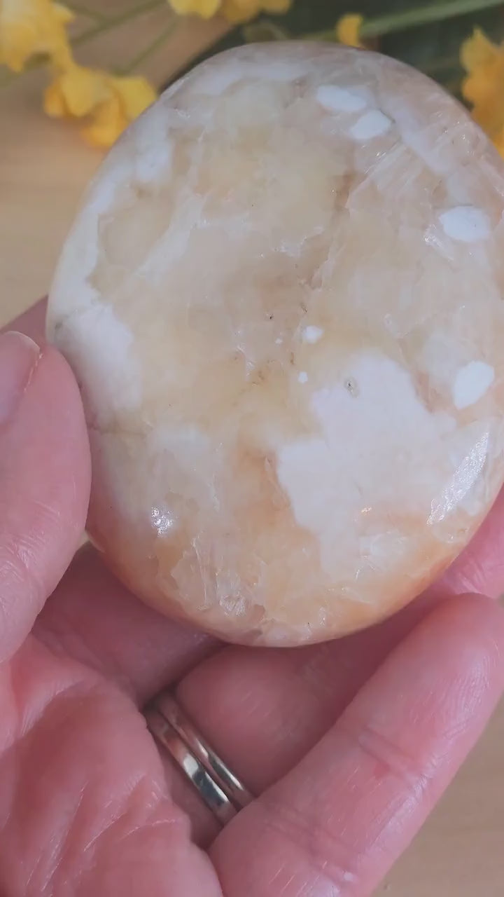 Gorgeous Polished Scolecite and Pink Peach Stilbite Crystal Palmstone