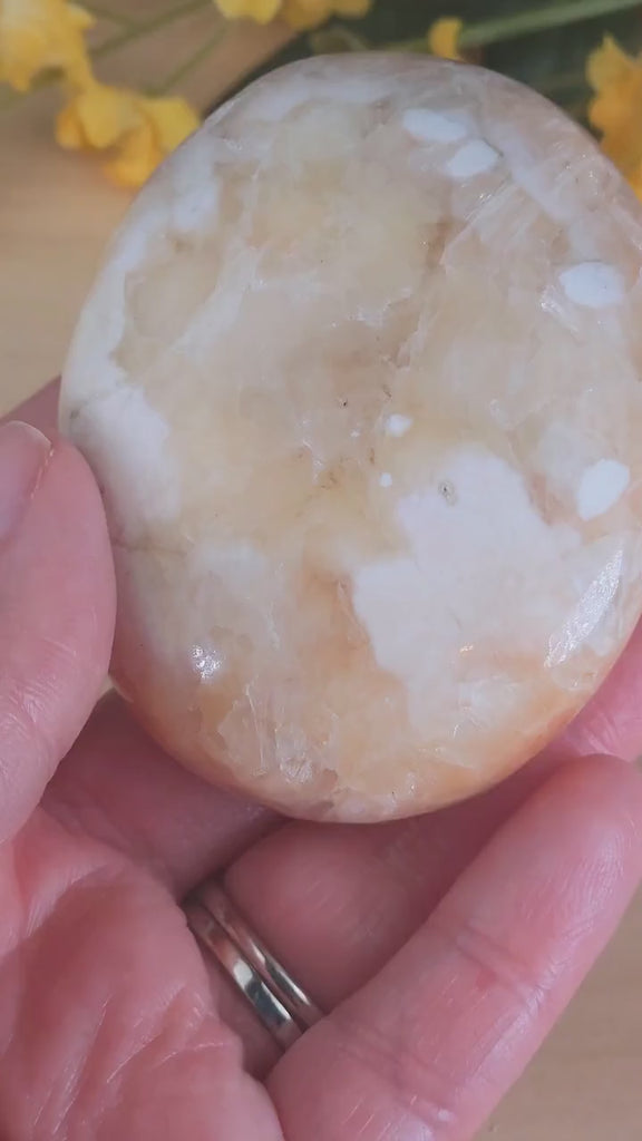 Gorgeous Polished Scolecite and Pink Peach Stilbite Crystal Palmstone