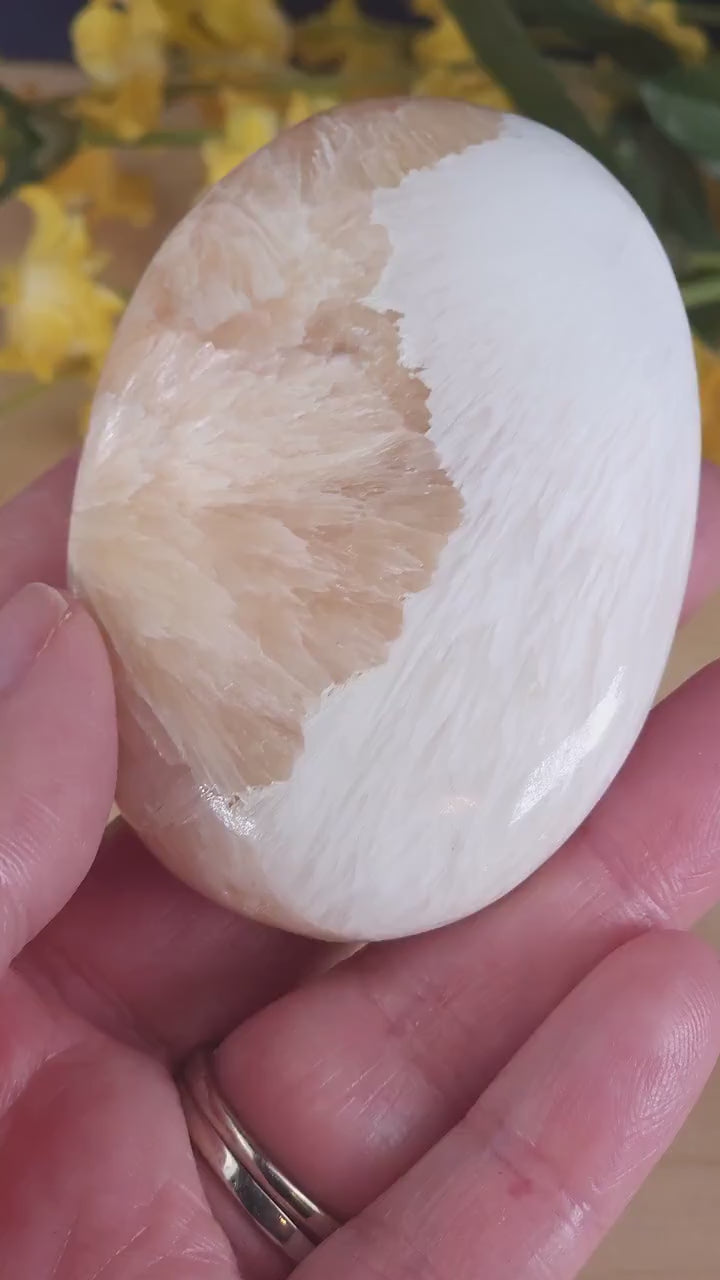 Gorgeous Polished Scolecite and Pink Peach Stilbite Crystal Palmstone